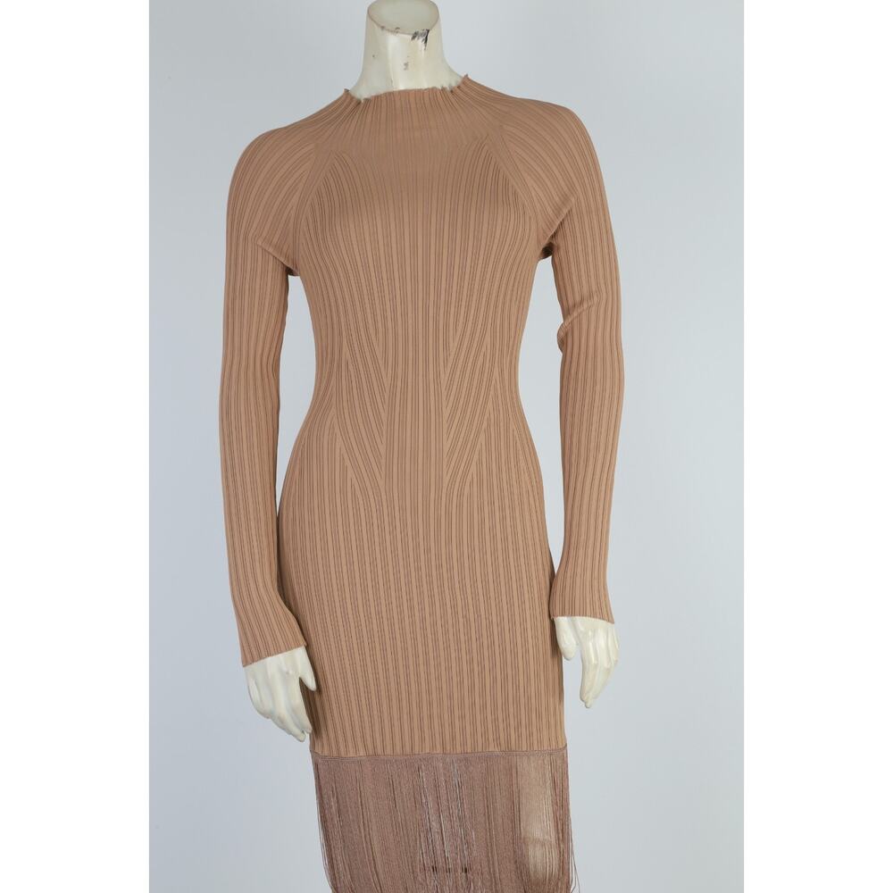 KHAITE The Cedar Fringed Ribbed Knit Long Sleeve Maxi Dress Camel Tan Size S - Picture 7 of 15